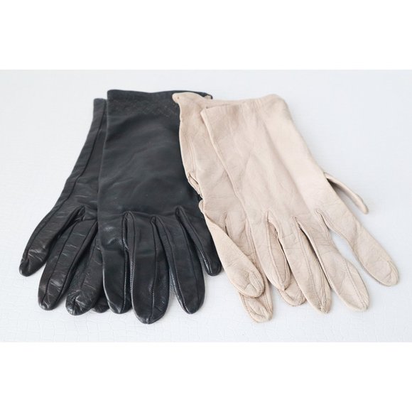 2 Vintage Black Leather & Tan Kid Leather Evening Gloves Dress Gloves Formal - Picture 1 of 6